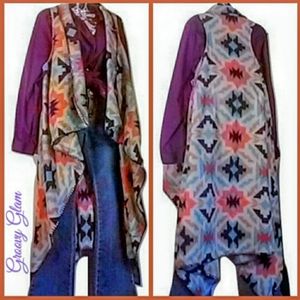 GROOVY GLAM Handmade Aztec Long Waterfall Duster Vest